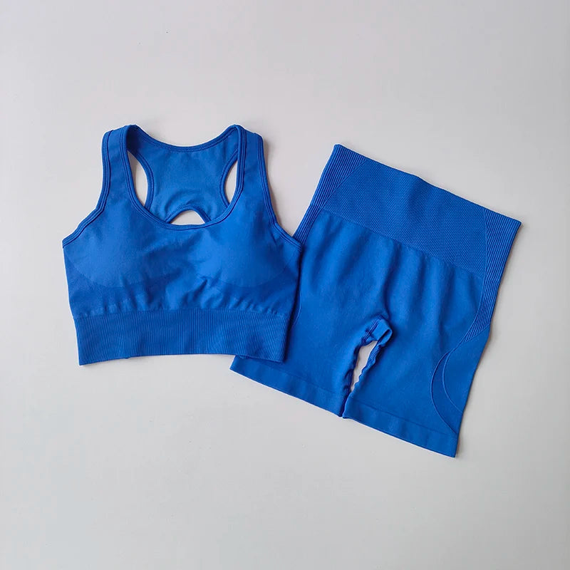 Women's Seamless Yoga Set - 2 Piece High Waist Sports Shorts and Sport Bra for Gym Fitness and Workouts