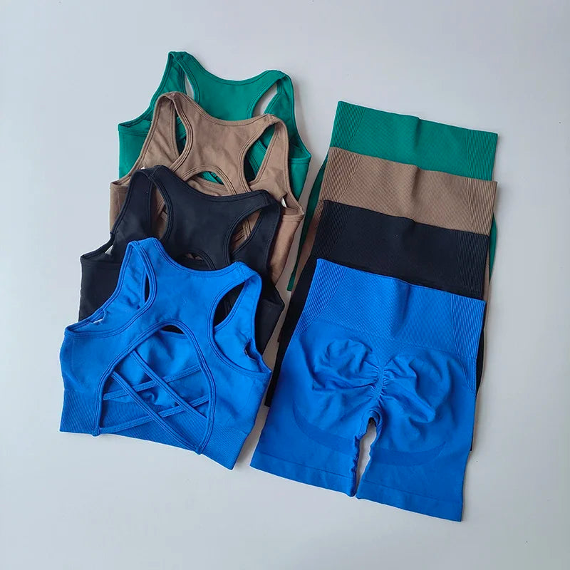 Women's Seamless Yoga Set - 2 Piece High Waist Sports Shorts and Sport Bra for Gym Fitness and Workouts