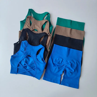Women's Seamless Yoga Set - 2 Piece High Waist Sports Shorts and Sport Bra for Gym Fitness and Workouts
