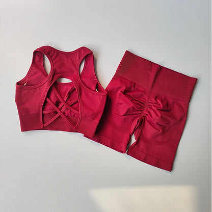Women's Seamless Yoga Set - 2 Piece High Waist Sports Shorts and Sport Bra for Gym Fitness and Workouts