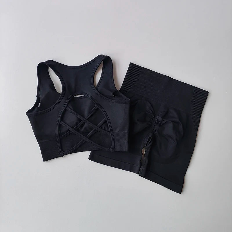 Women's Seamless Yoga Set - 2 Piece High Waist Sports Shorts and Sport Bra for Gym Fitness and Workouts