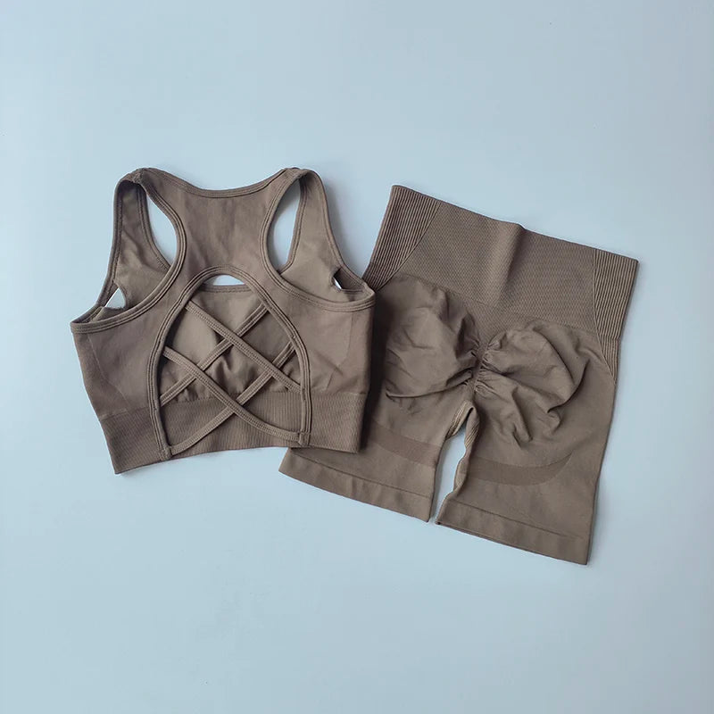 Women's Seamless Yoga Set - 2 Piece High Waist Sports Shorts and Sport Bra for Gym Fitness and Workouts