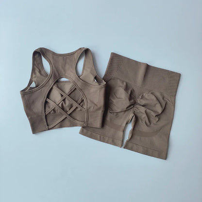 Women's Seamless Yoga Set - 2 Piece High Waist Sports Shorts and Sport Bra for Gym Fitness and Workouts
