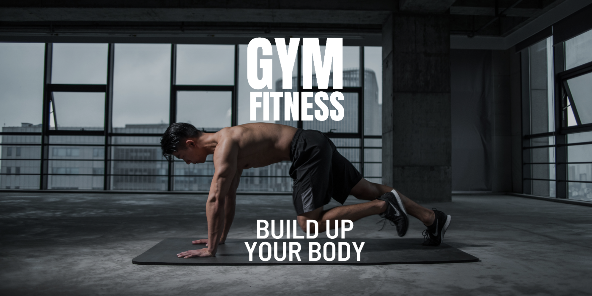Man doing push-ups in a gym with 'Gym Fitness' and 'Build Up Your Body' text.